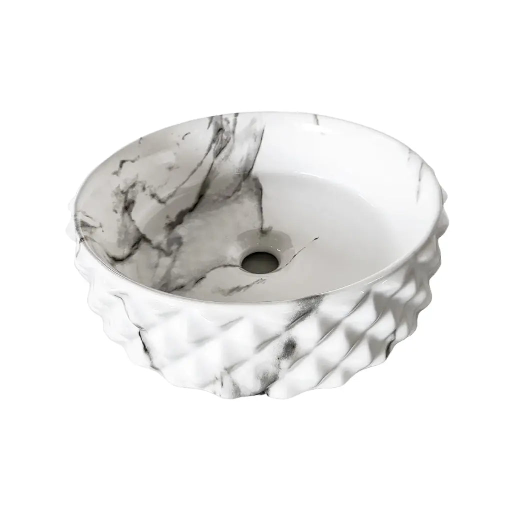 Ovalín de Loza (456-5) Mod. Circular Marmoleado Blanco C/Marron Diamante 37.5X37.5X12 - Fratelli