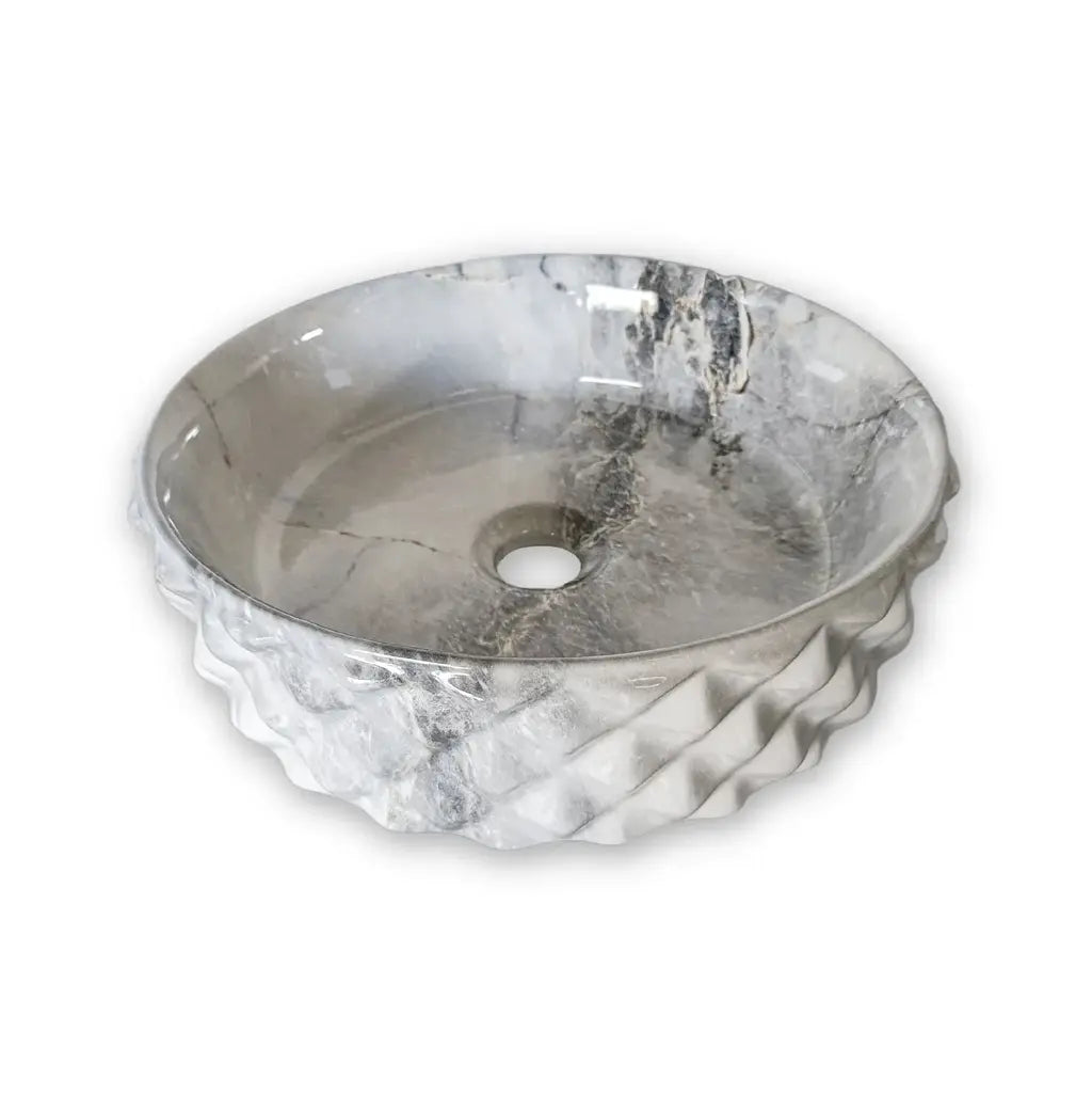Ovalín de Loza (463-7) Mod. Circular Marmoleado Blanco C/Celeste Diamante 37.5X37.5X12 - Fratelli