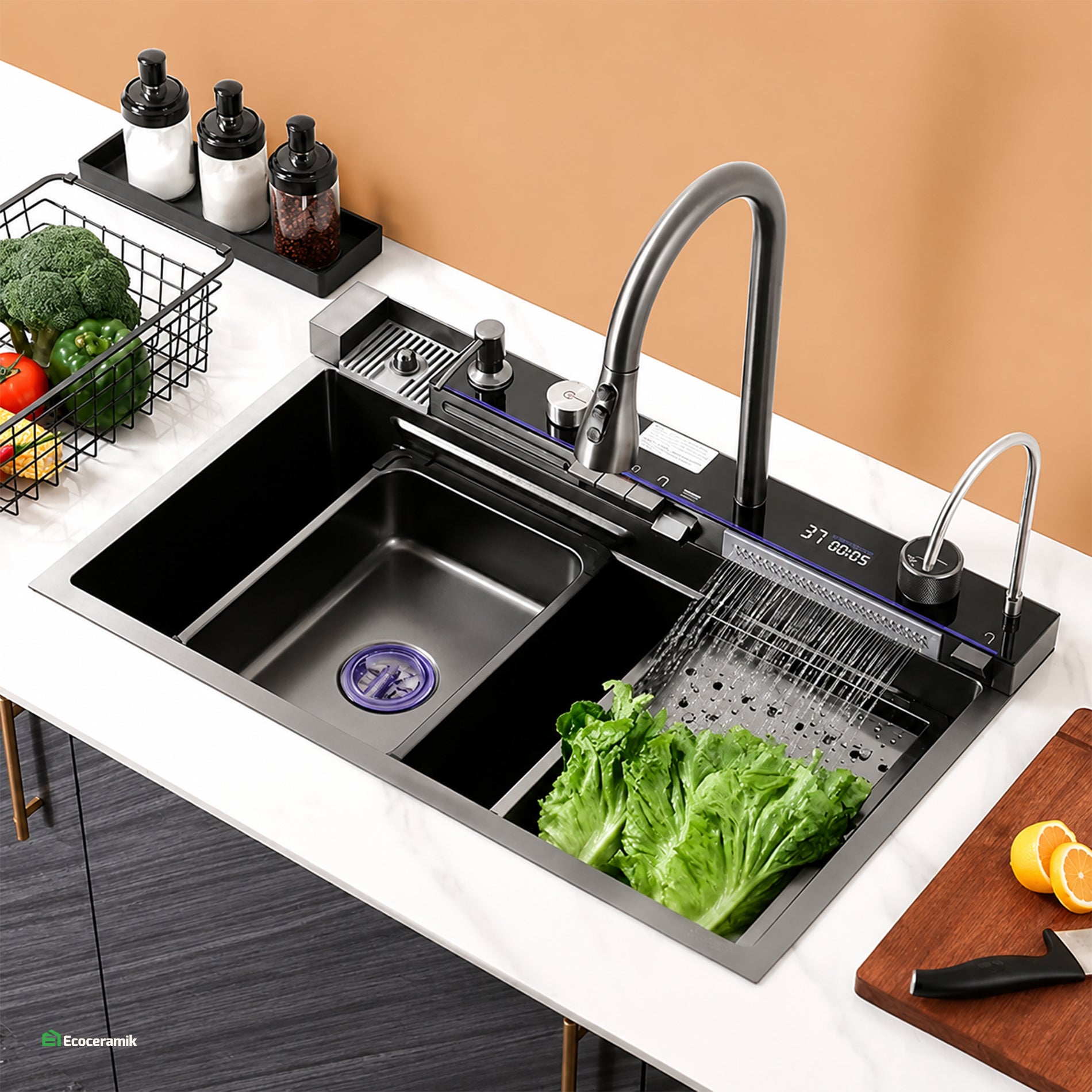 LAVADERO DE COCINA MULTIFUNCIONAL 5 TECLAS NEGRO PANEL LED DE ACERO INOXIDABLE NANO 304 BASIC