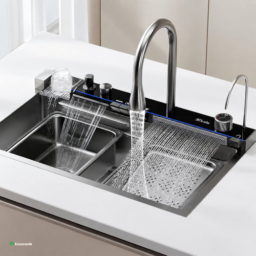 LAVADERO DE COCINA MULTIFUNCIONAL 5 TECLAS NEGRO PANEL LED DE ACERO INOXIDABLE NANO 304 BASIC