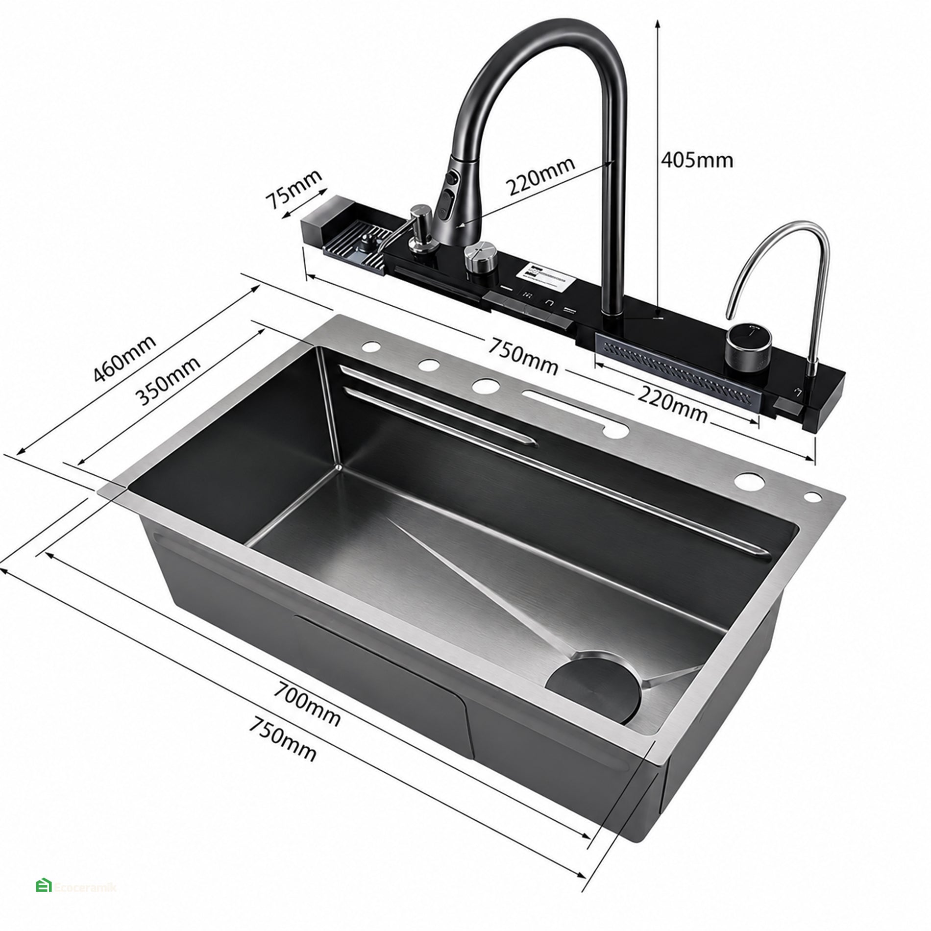 LAVADERO DE COCINA MULTIFUNCIONAL 5 TECLAS NEGRO PANEL LED DE ACERO INOXIDABLE NANO 304 BASIC