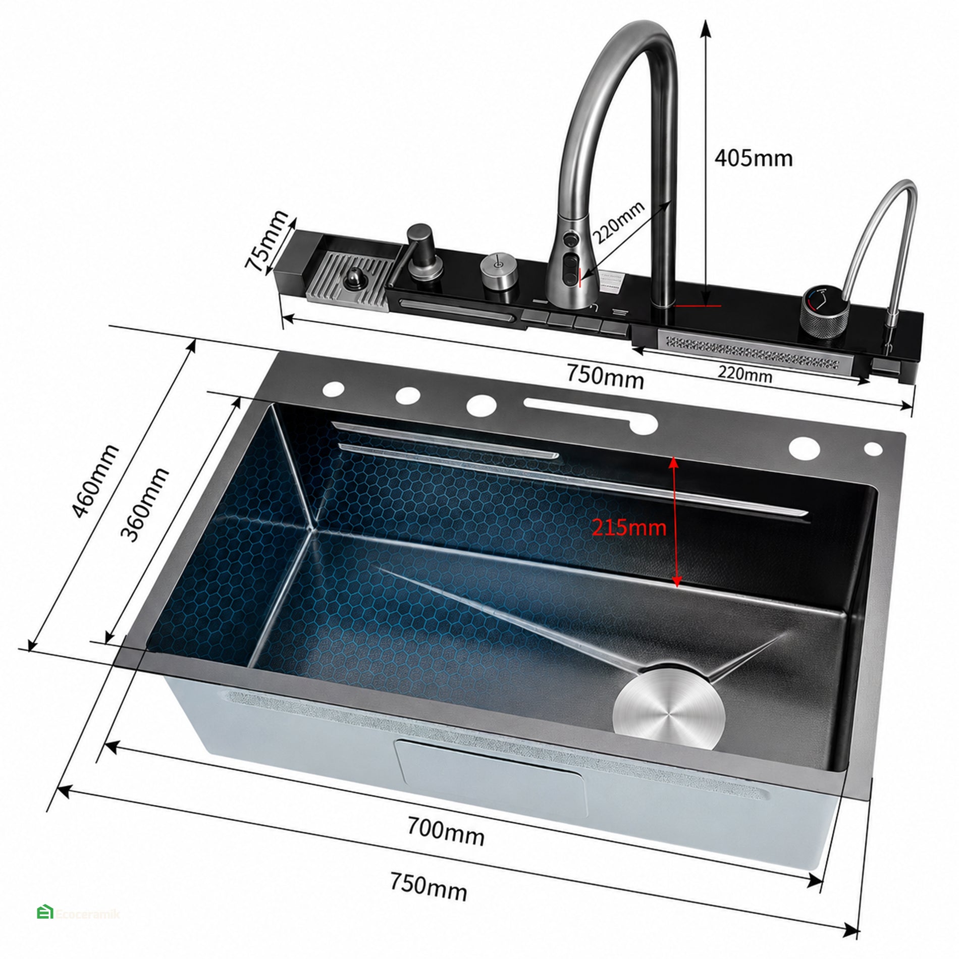 LAVADERO DE COCINA MULTIFUNCIONAL 5 TECLAS NEGRO PANEL LED DE ACERO INOXIDABLE NANO 304 BASIC