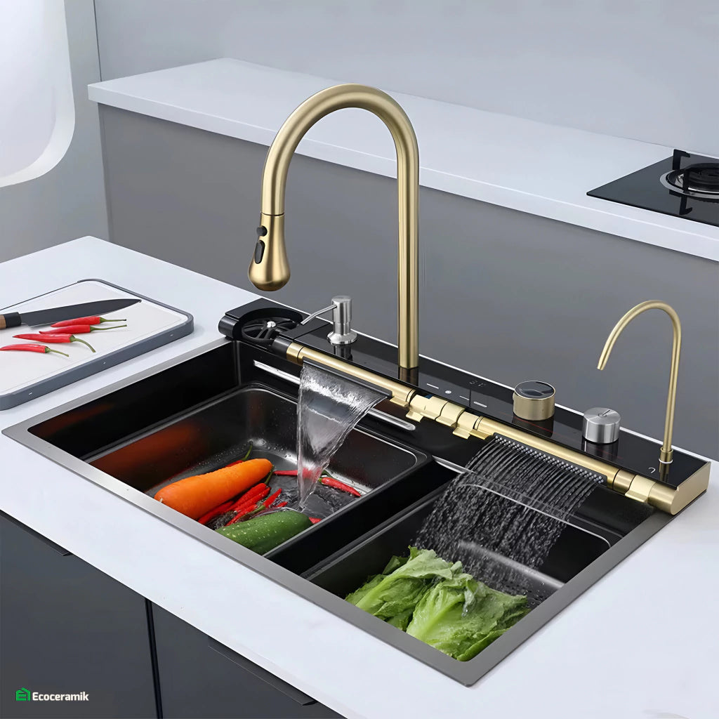 LAVADERO DE COCINA MULTIFUNCIONAL 7 TECLAS BLACK GOLD PANEL LED DE ACERO INOXIDABLE NANO 304