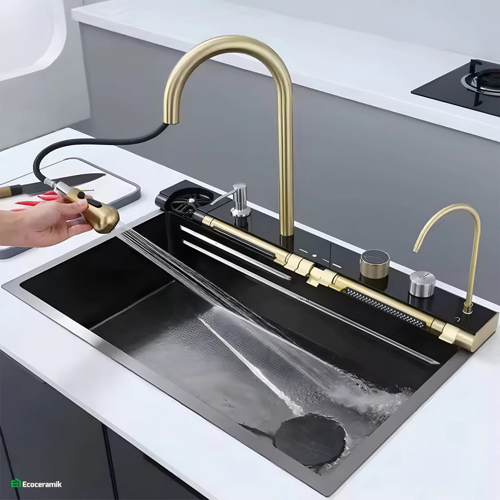 LAVADERO DE COCINA MULTIFUNCIONAL 7 TECLAS BLACK GOLD PANEL LED DE ACERO INOXIDABLE NANO 304