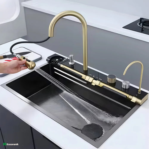 LAVADERO DE COCINA MULTIFUNCIONAL 7 TECLAS BLACK GOLD PANEL LED DE ACERO INOXIDABLE NANO 304