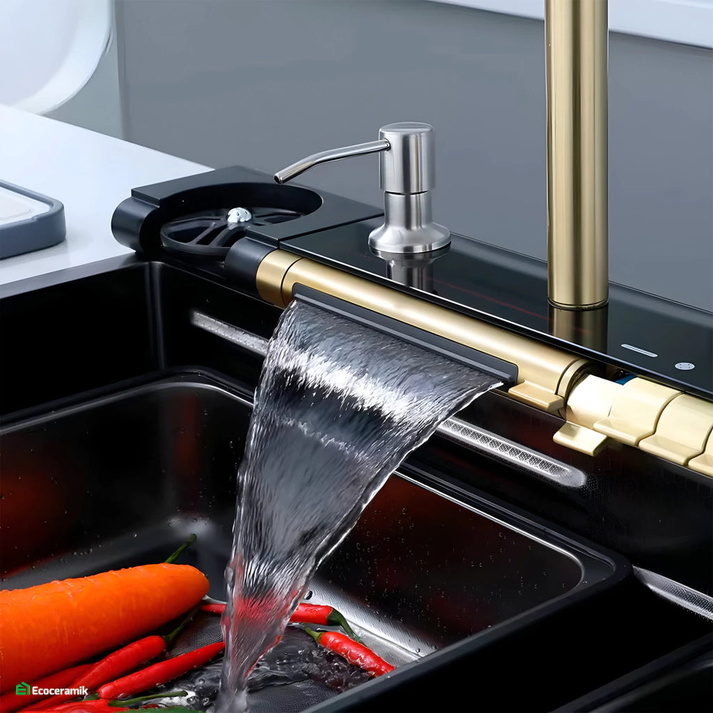 LAVADERO DE COCINA MULTIFUNCIONAL 7 TECLAS BLACK GOLD PANEL LED DE ACERO INOXIDABLE NANO 304