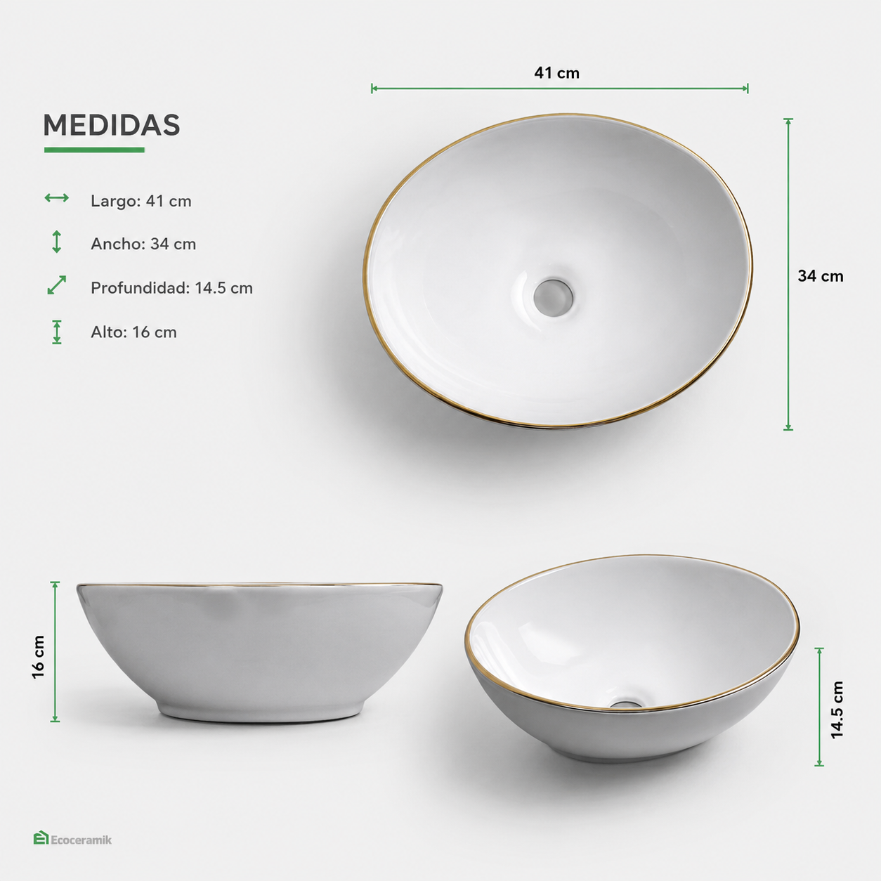 Ovalín de loza vitrificada ovalado (MOD VARCO) Blanco c/ dorado 41X34X14.5 - Frencia