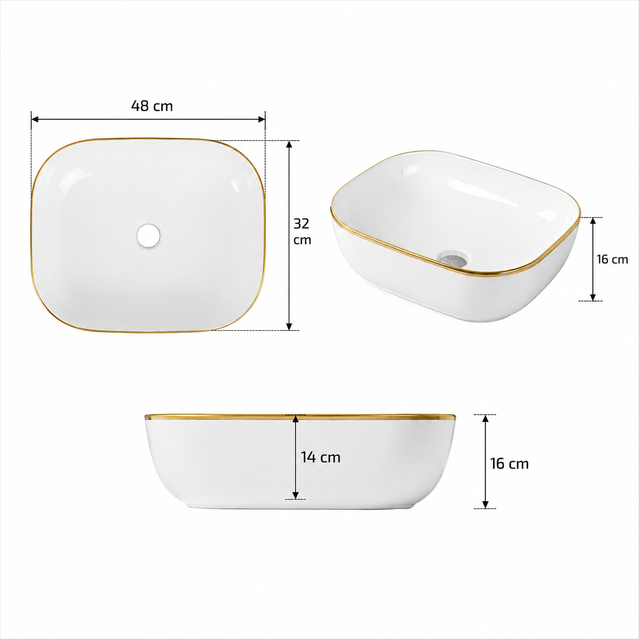Ovalín de loza vitrificada rectangular (MOD curvo) Blanco c/ dorado 41X34X14.5 - Frencia