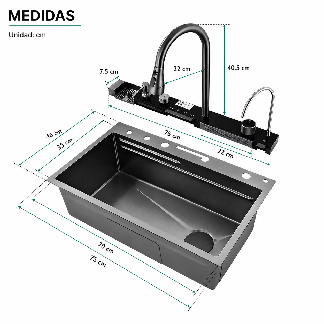 Lavadero de cocina Multifuncional 5 teclas acero inoxidable SUS 304 panel led Kitchen - Premium