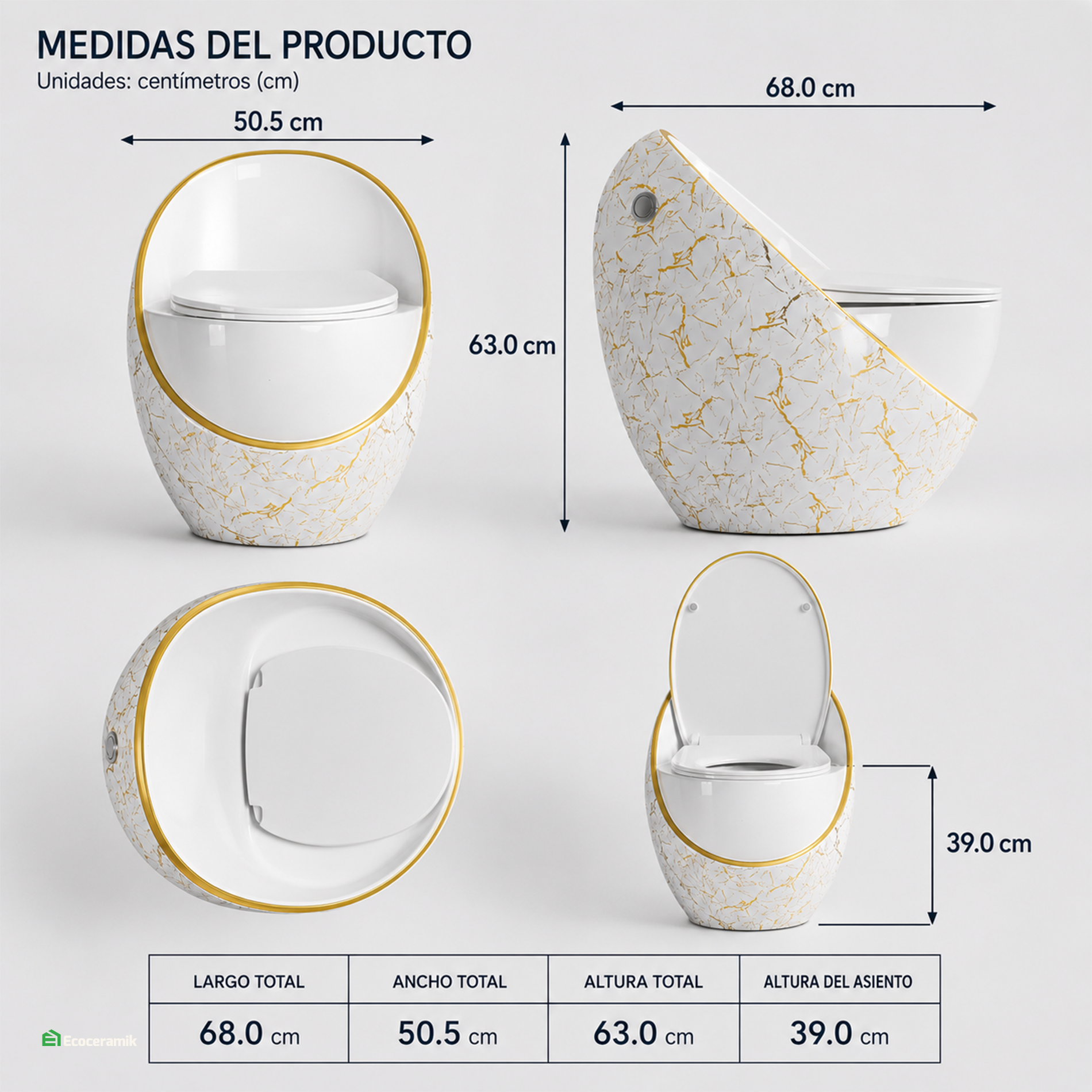 Inodoro One Piece Páris Blanco Gold – Modelo Huevo Siamés - Premium