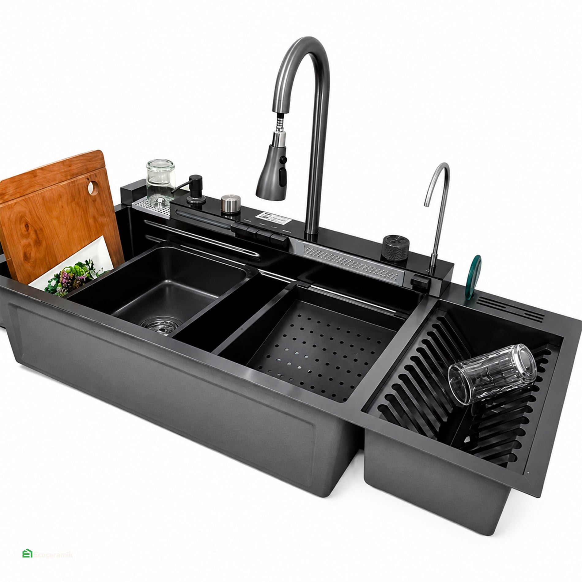 LAVADERO DE COCINA MULTIFUNCIONAL 5 TECLAS PORTAPLATOS BLACK SUS 304 / 95X46 BASIC