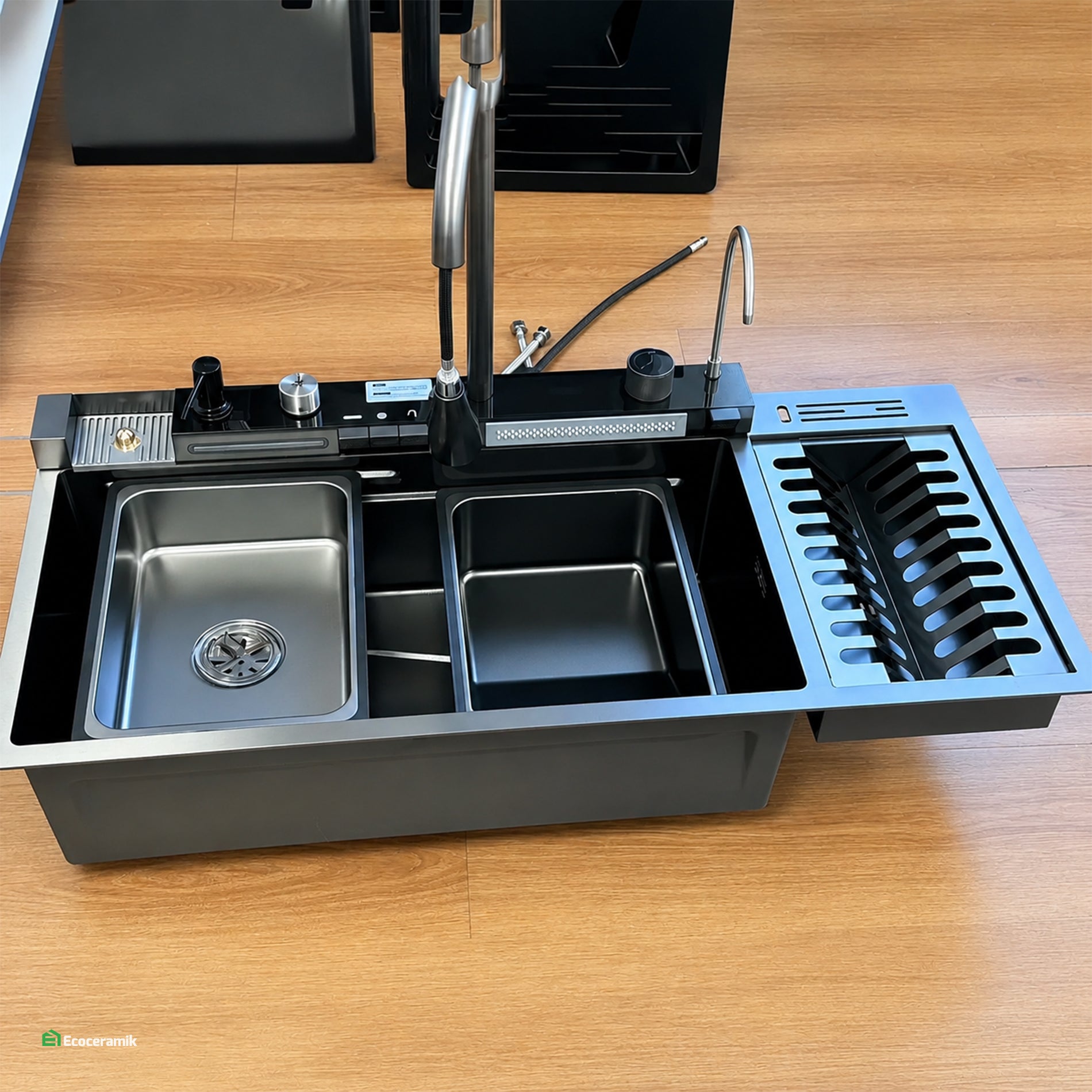 LAVADERO DE COCINA MULTIFUNCIONAL 5 TECLAS PORTAPLATOS BLACK SUS 304 / 95X46 BASIC