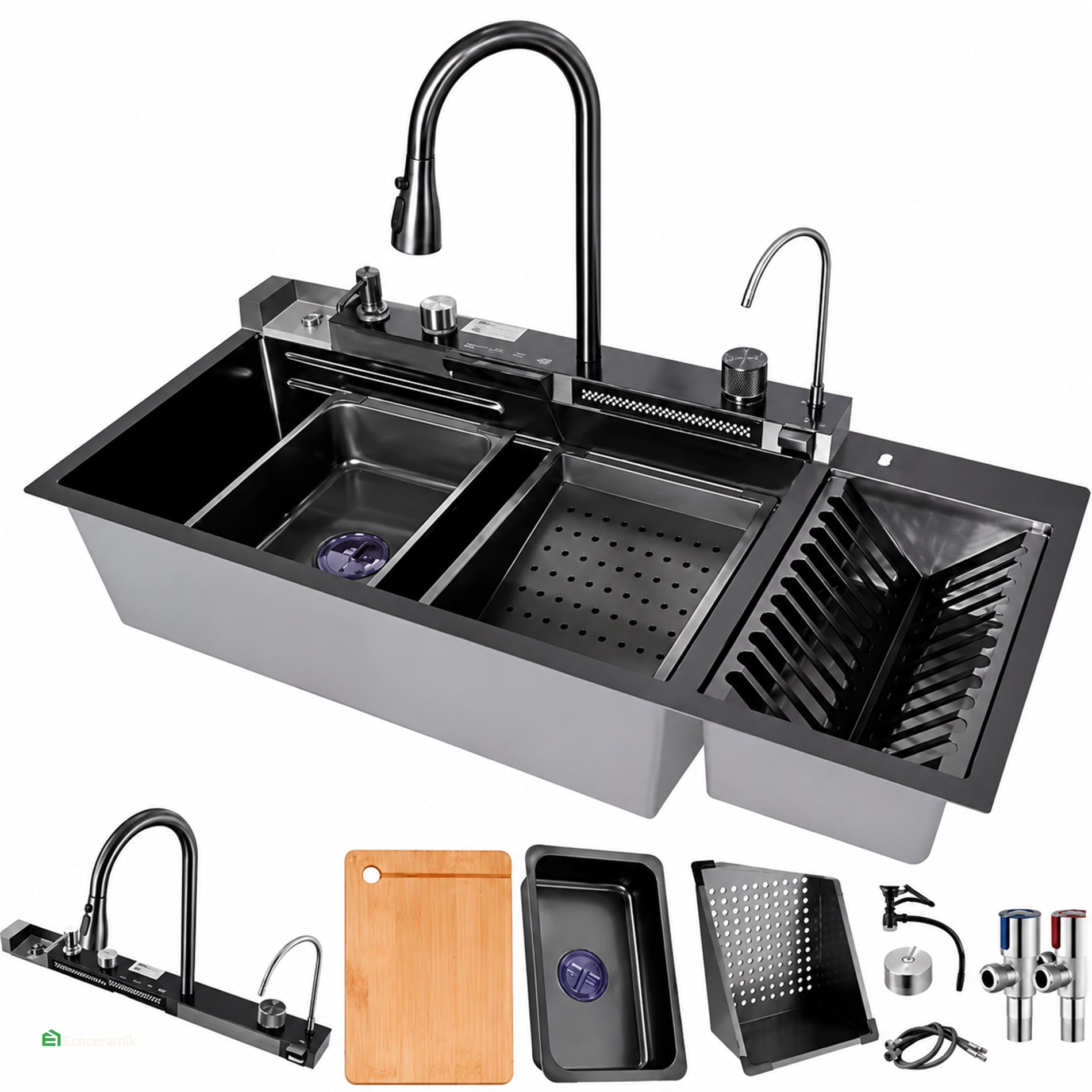 LAVADERO DE COCINA MULTIFUNCIONAL 5 TECLAS PORTAPLATOS BLACK SUS 304 / 95X46 BASIC