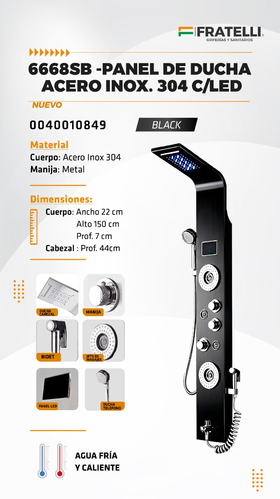 Columna de Ducha Acero Inoxidable 304 con LED – Black Fratelli - Premium