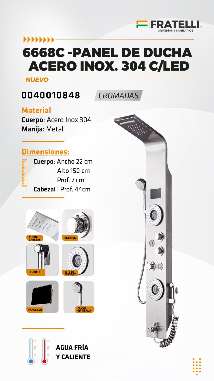 Columna de Ducha Acero Inoxidable 304 con LED – Cromado Fratelli - Premium
