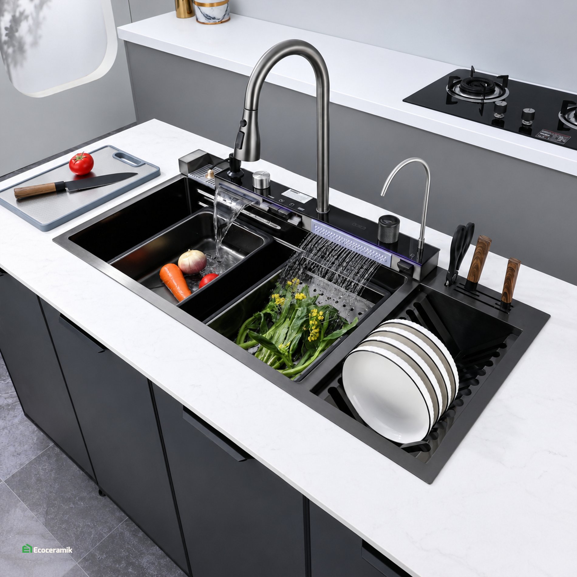 Lavadero de Cocina Multifuncional 5 teclas PortaPlatos  SUS 304 c/Negro 95X46X22 - Premium
