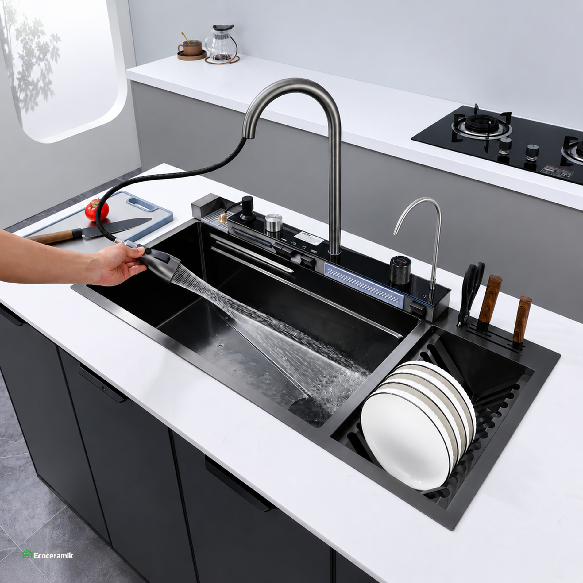 Lavadero de Cocina Multifuncional 5 teclas PortaPlatos  SUS 304 c/Negro 95X46X22 - Premium