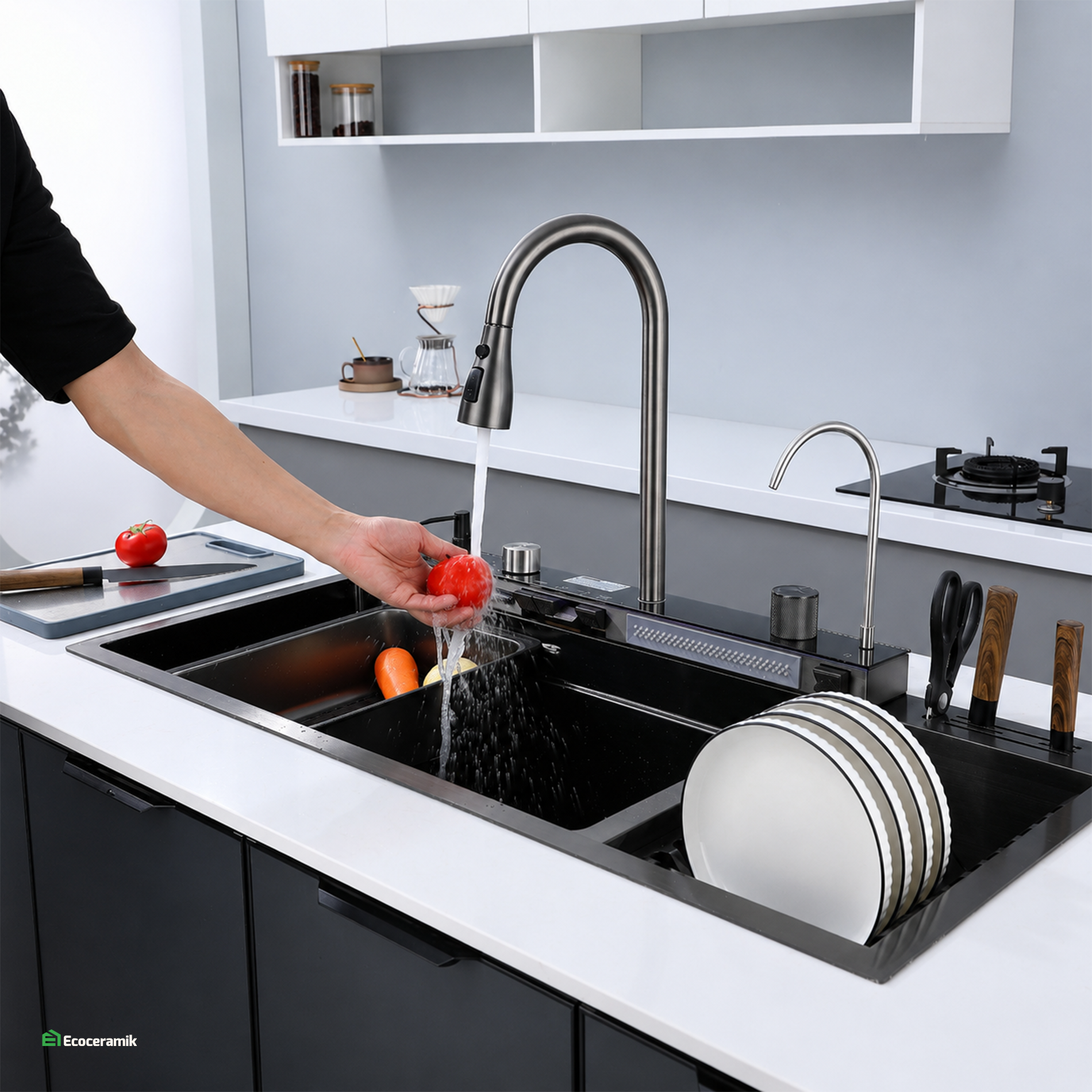 Lavadero de Cocina Multifuncional 5 teclas PortaPlatos  SUS 304 c/Negro 95X46X22 - Premium