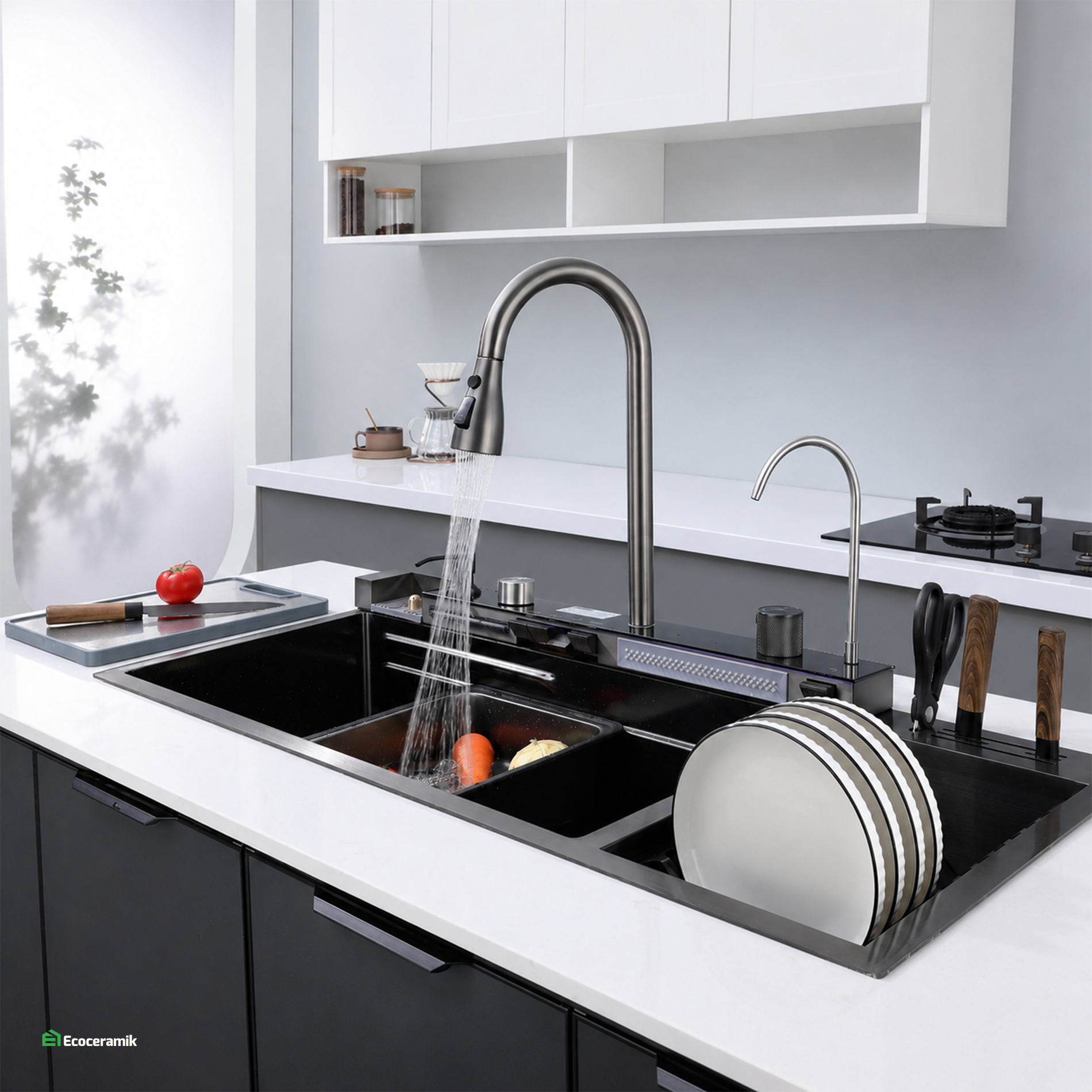 Lavadero de Cocina Multifuncional 5 teclas PortaPlatos  SUS 304 c/Negro 95X46X22 - Premium
