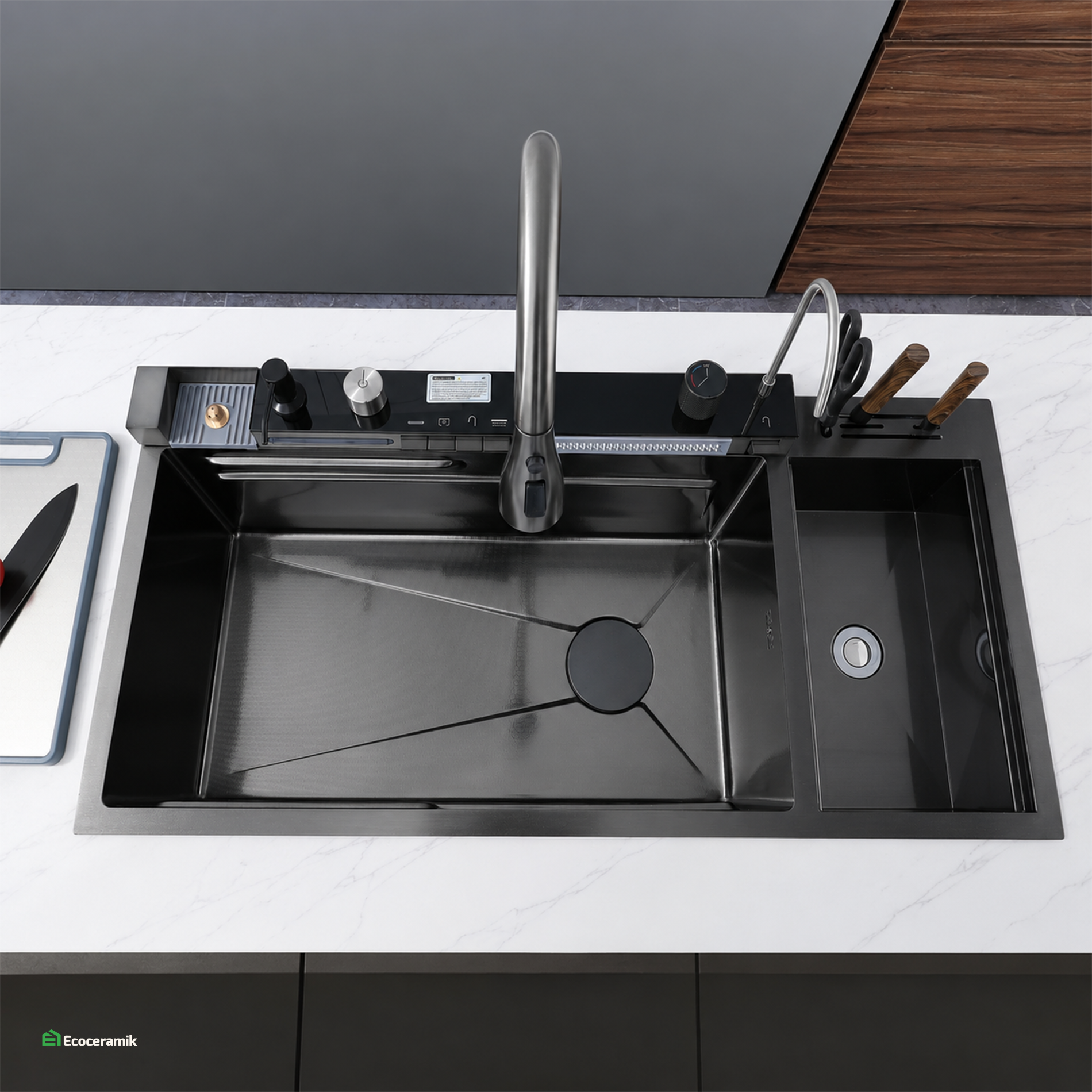 Lavadero de Cocina Multifuncional 5 teclas PortaPlatos  SUS 304 c/Negro 95X46X22 - Premium