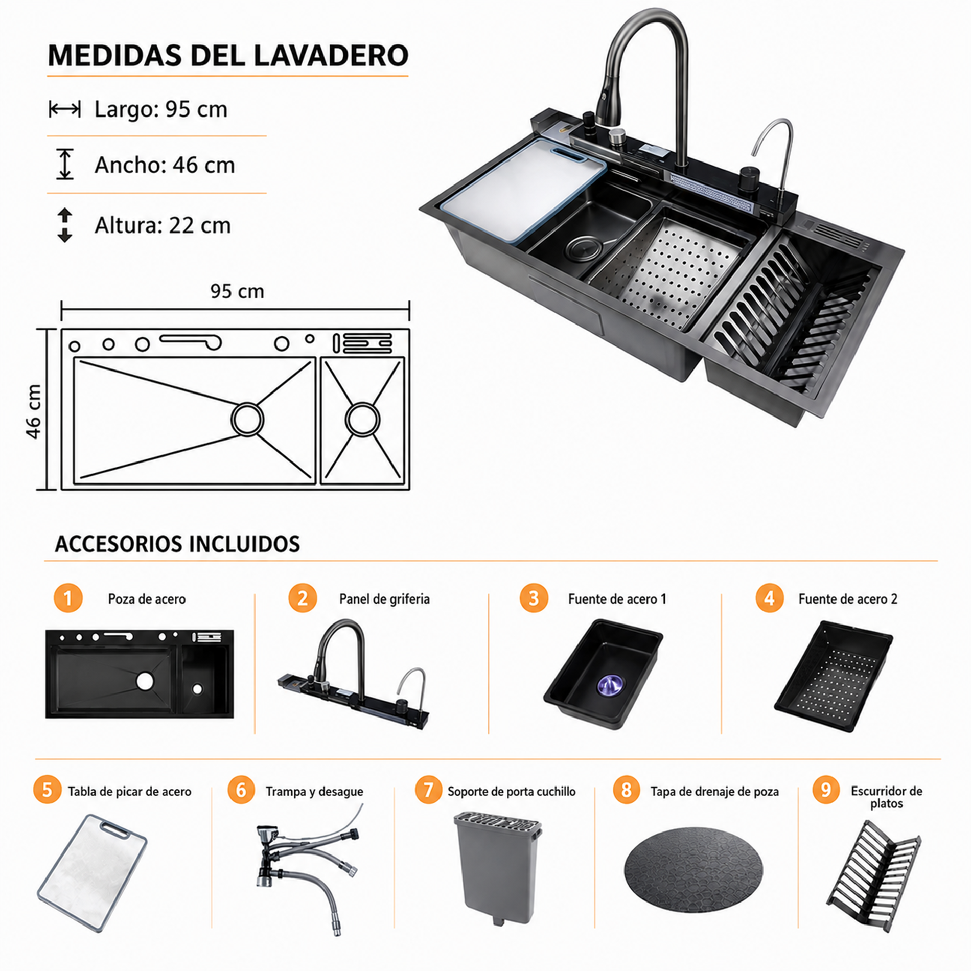 Lavadero de Cocina Multifuncional 5 teclas PortaPlatos  SUS 304 c/Negro 95X46X22 - Premium