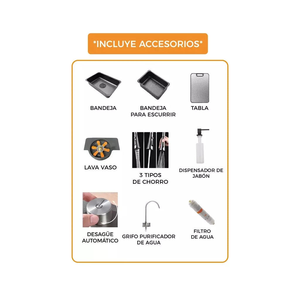 LAVADERO MULTIFUNCIONAL DE COCINA 7 FUNCIONES PANEL LED NEGRO BAHÍA DE ACERO INOX 304 BLACK PREMIUM FULL