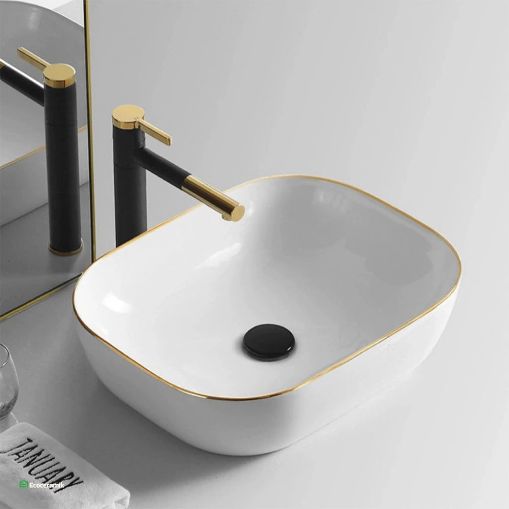 Ovalín de loza vitrificada rectangular (MOD curvo) Blanco c/ dorado 41X34X14.5 - Frencia