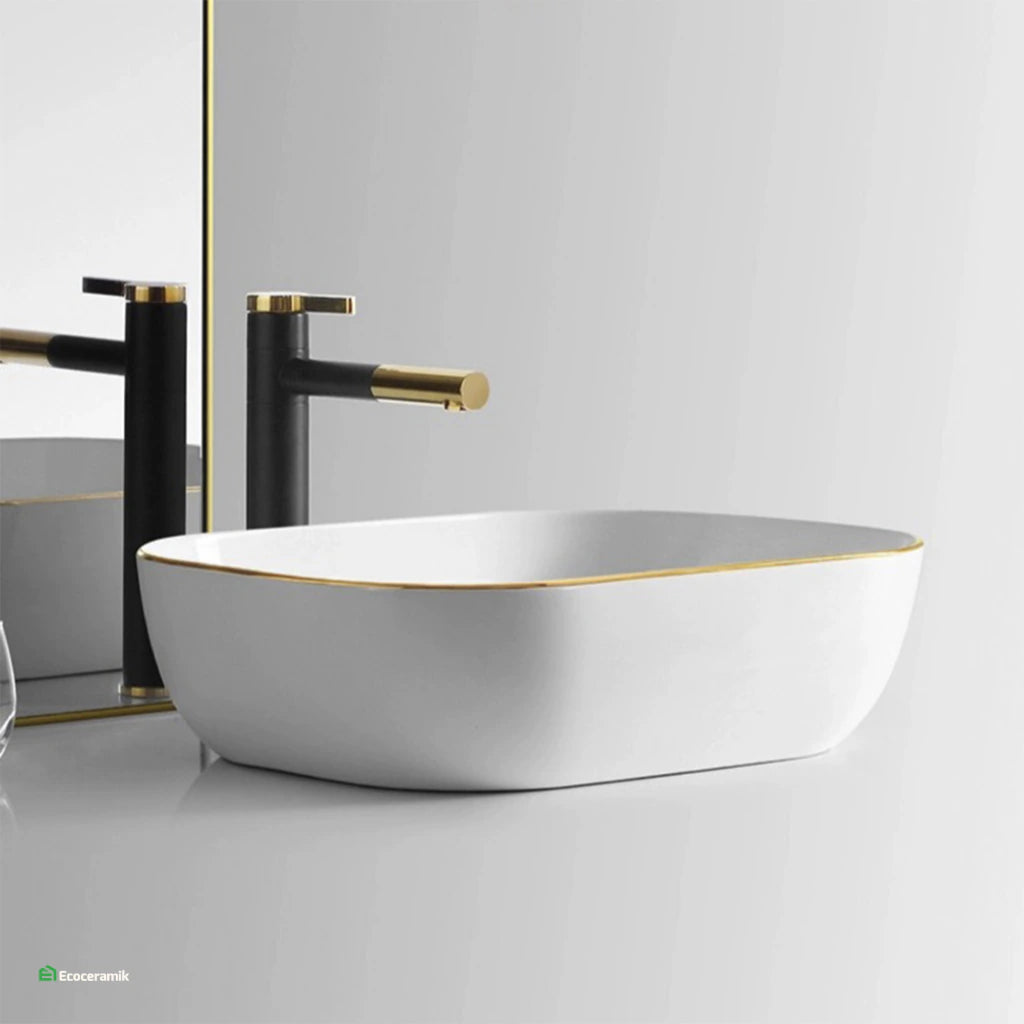Ovalín de loza vitrificada rectangular (MOD curvo) Blanco c/ dorado 41X34X14.5 - Frencia