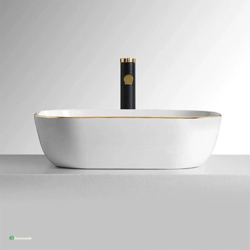 Ovalín de loza vitrificada rectangular (MOD curvo) Blanco c/ dorado 41X34X14.5 - Frencia