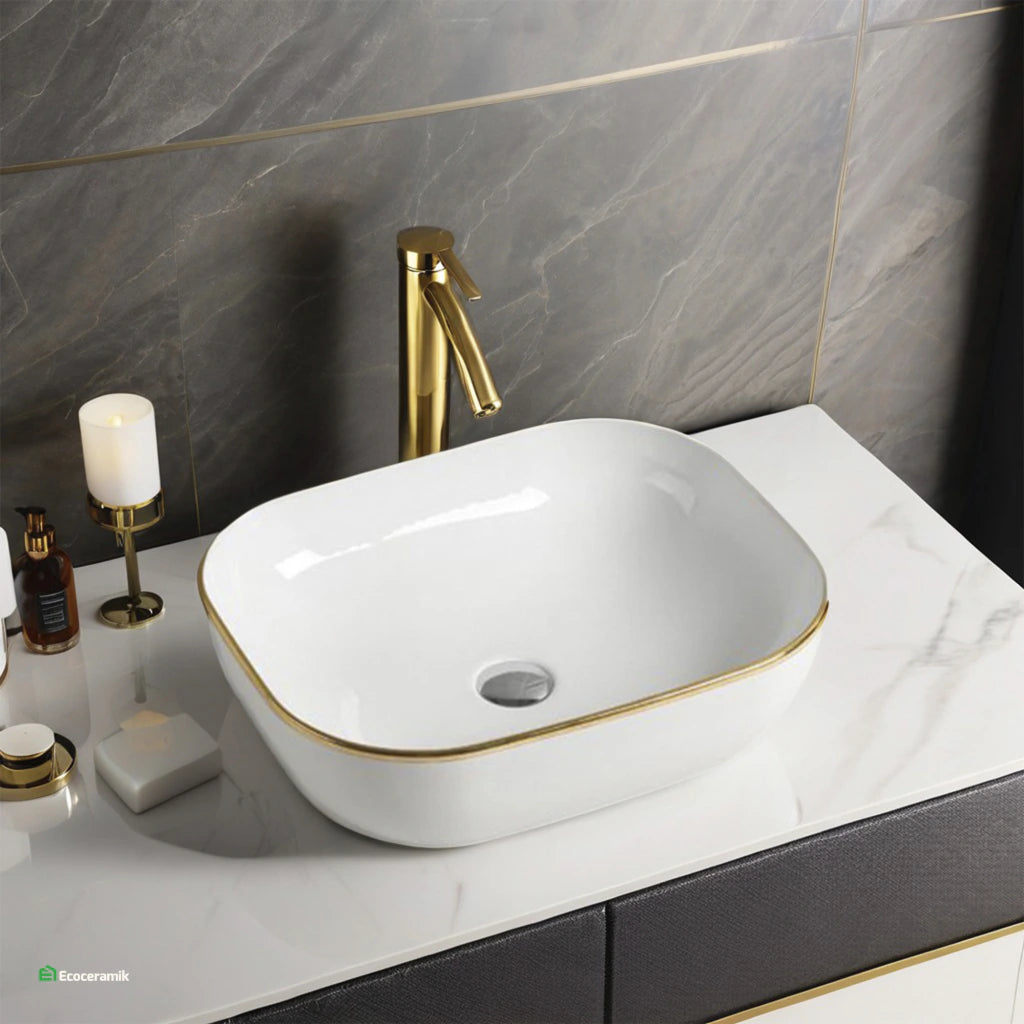 Ovalín de loza vitrificada rectangular (MOD curvo) Blanco c/ dorado 41X34X14.5 - Frencia
