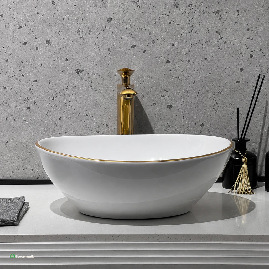 Ovalín de loza vitrificada ovalado (MOD VARCO) Blanco c/ dorado 41X34X14.5 - Frencia