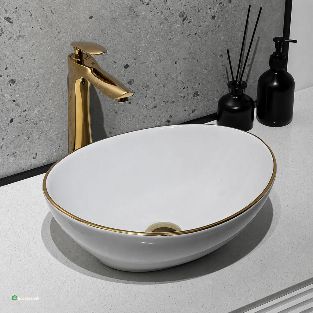 Ovalín de loza vitrificada ovalado (MOD VARCO) Blanco c/ dorado 41X34X14.5 - Frencia