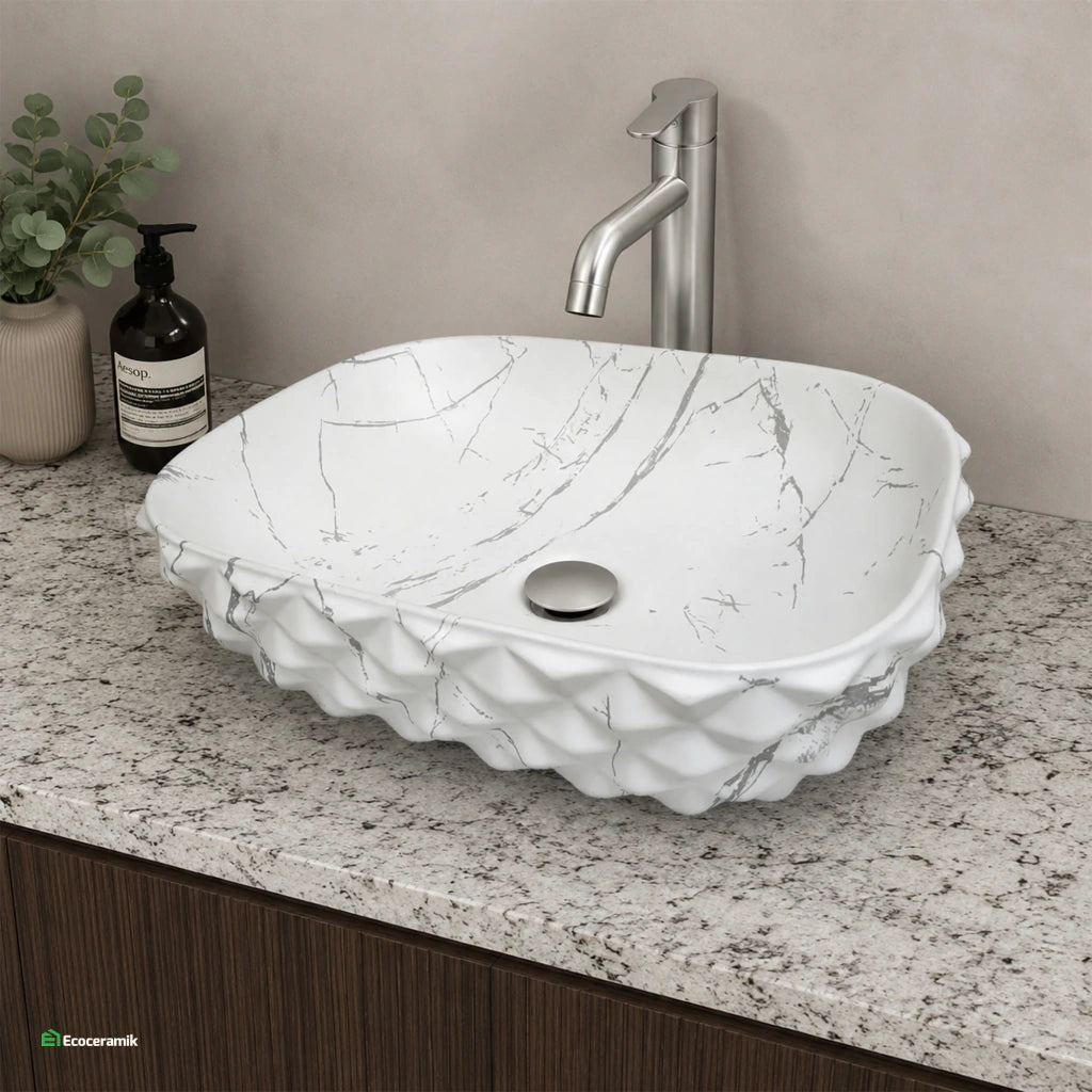Ovalín de Loza (402-2) Mod. Rectangular Marmoleado Blanco C/Gris 48X35.5X13 - Fratelli