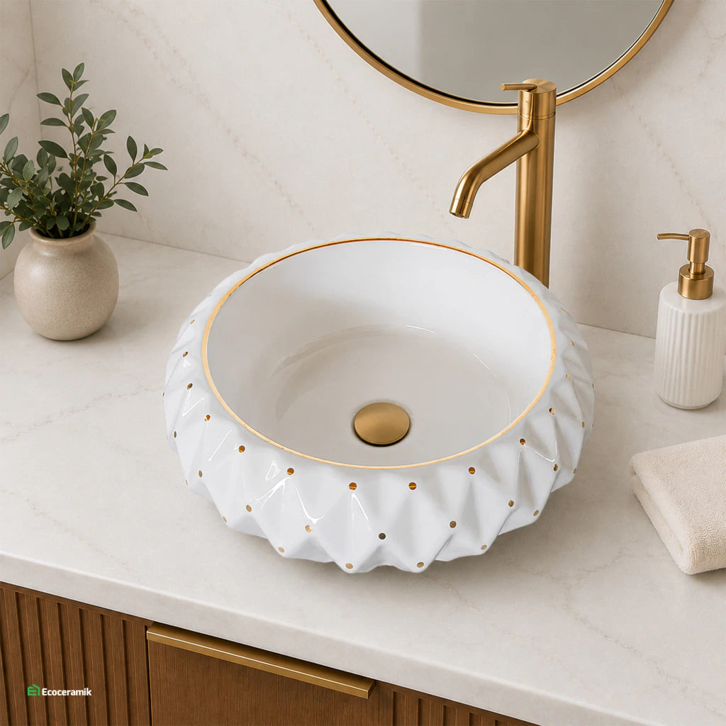 Ovalín de Loza (238) Mod. Circular Blanco C/Dorado 41X41X15 - Fratelli