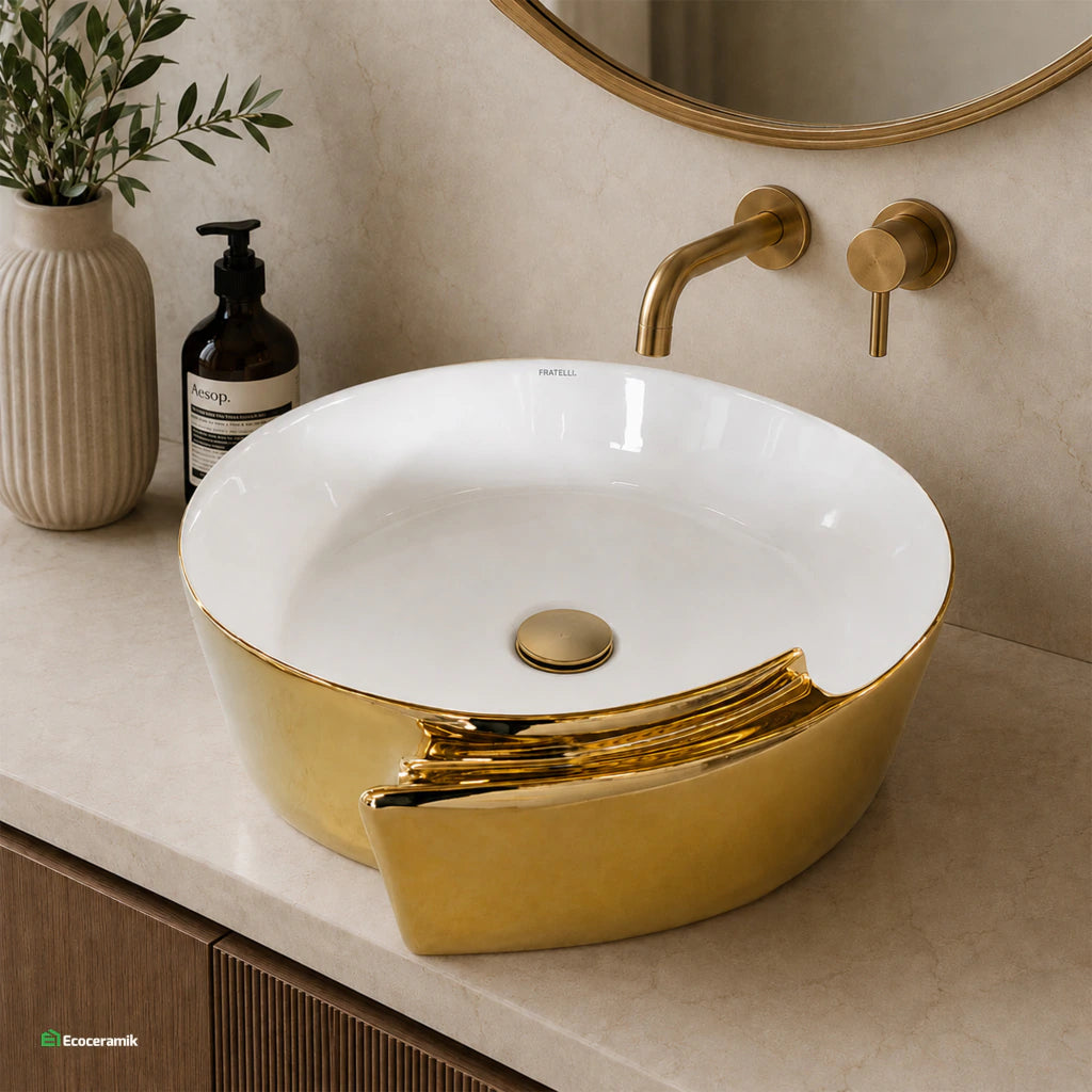 Ovalín de Loza (442 Wg) Mod. Circular Blanco C/Dorado Matte 43X43X16 - Fratelli