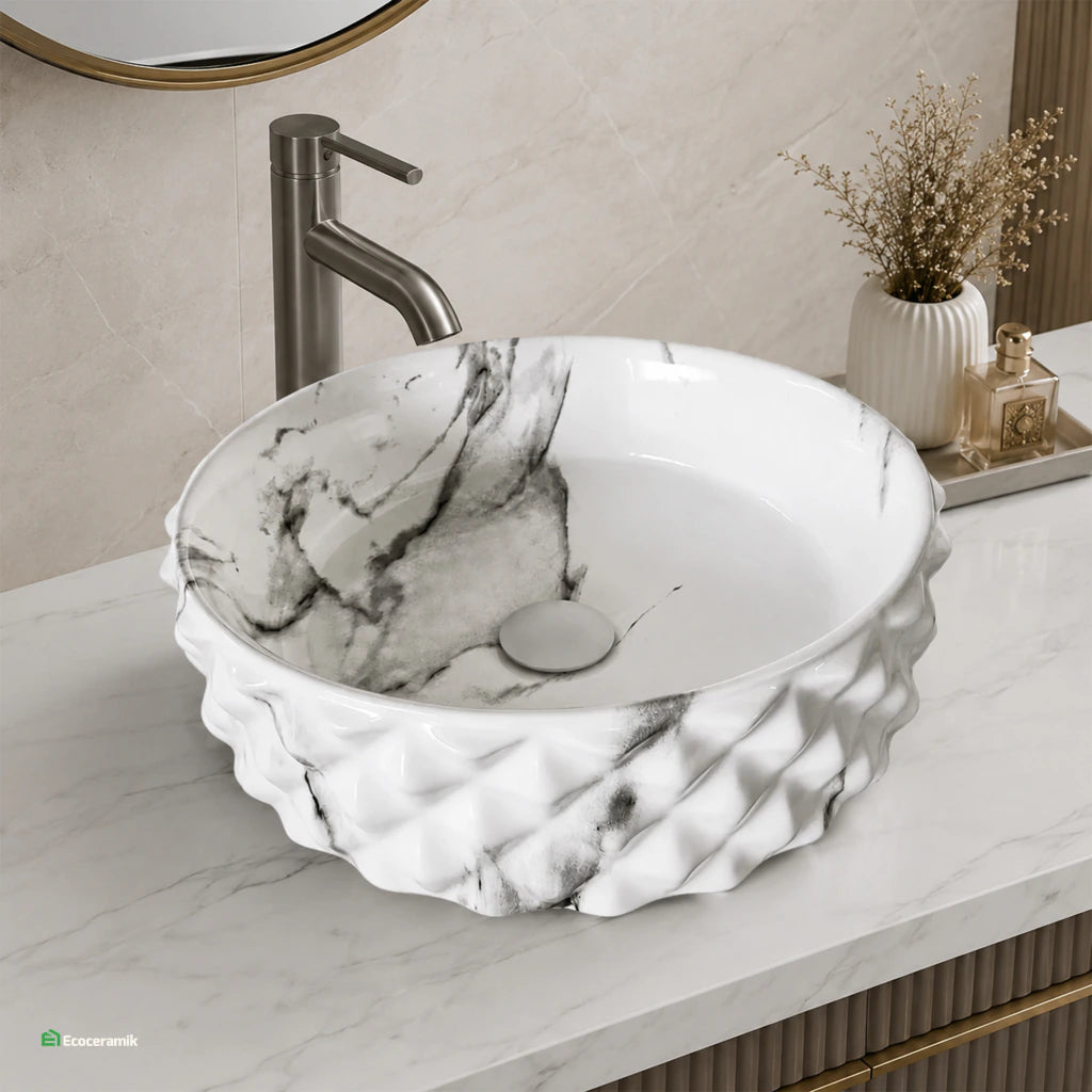 Ovalín de Loza (456-5) Mod. Circular Marmoleado Blanco C/Marron Diamante 37.5X37.5X12 - Fratelli