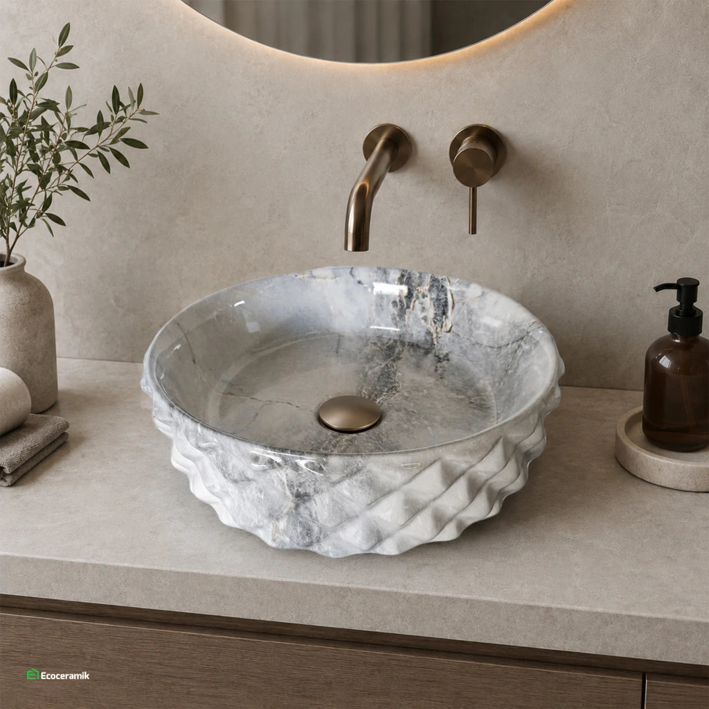 Ovalín de Loza (463-7) Mod. Circular Marmoleado Blanco C/Celeste Diamante 37.5X37.5X12 - Fratelli