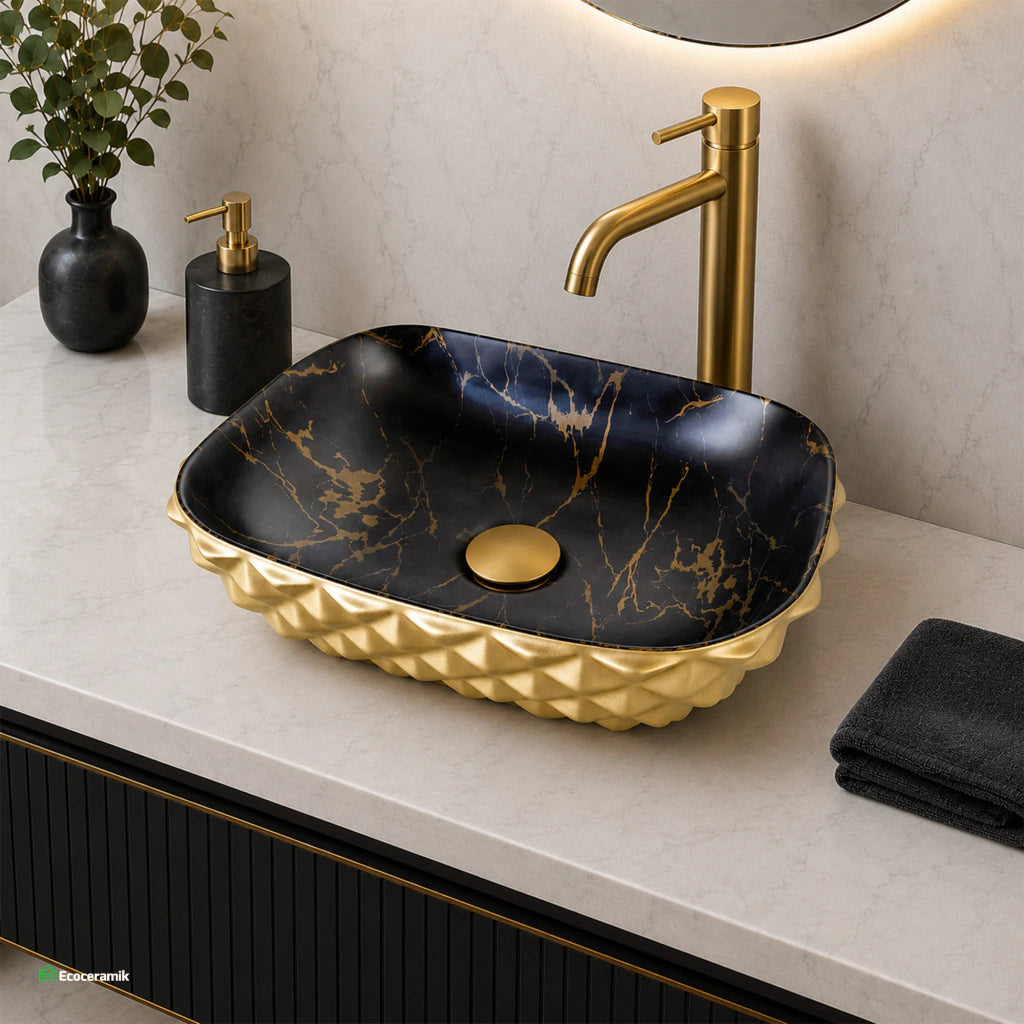 Ovalín de Loza (402-5) Mod. Rectangular Negro C/Dorado Diamante 48X35.5X13.5 - Fratelli