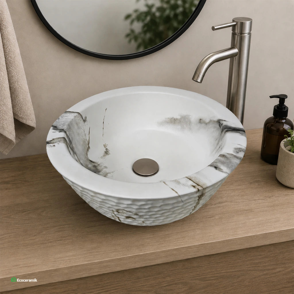 Ovalín de Loza (468) Mod. Circular Marmoleado Blanco C/Gris 40X33X14.5 - Fratelli