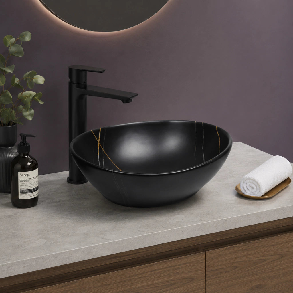 Ovalín de loza vitrificada ovalado (MOD varco) negro c/betas dorado 41X34X14.5 Premium - Chenni