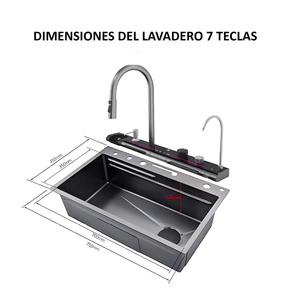 LAVADERO DE COCINA MULTIFUNCIONAL 7 TECLAS BLACK PANEL LED DE ACERO INOXIDABLE 304  BASIC - FULL
