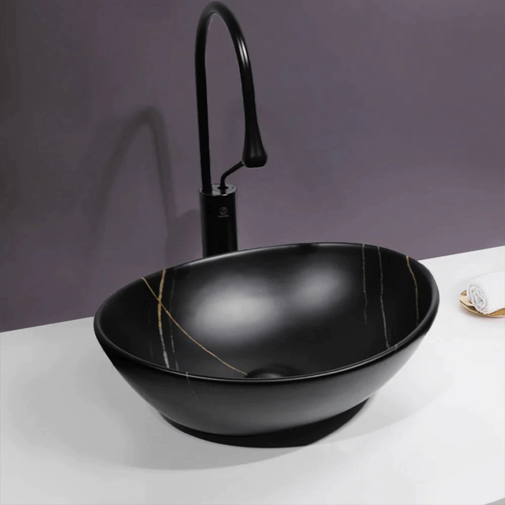 Ovalín de loza vitrificada ovalado (MOD varco) negro c/betas dorado 41X34X14.5 Premium - Chenni