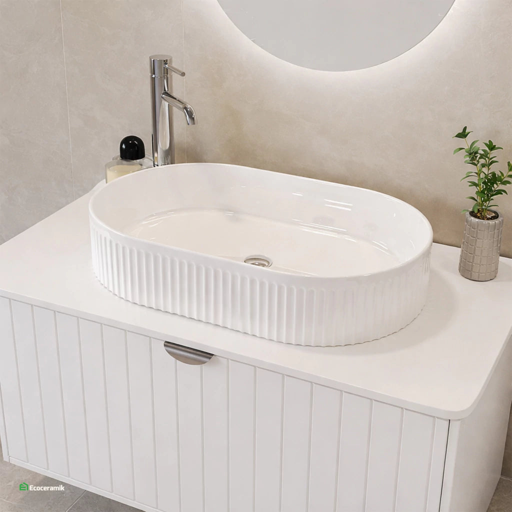 Ovalín de loza vitrificada texturizado (MOD Piscina) c/Blanco 50X32X7.6 - Chenni