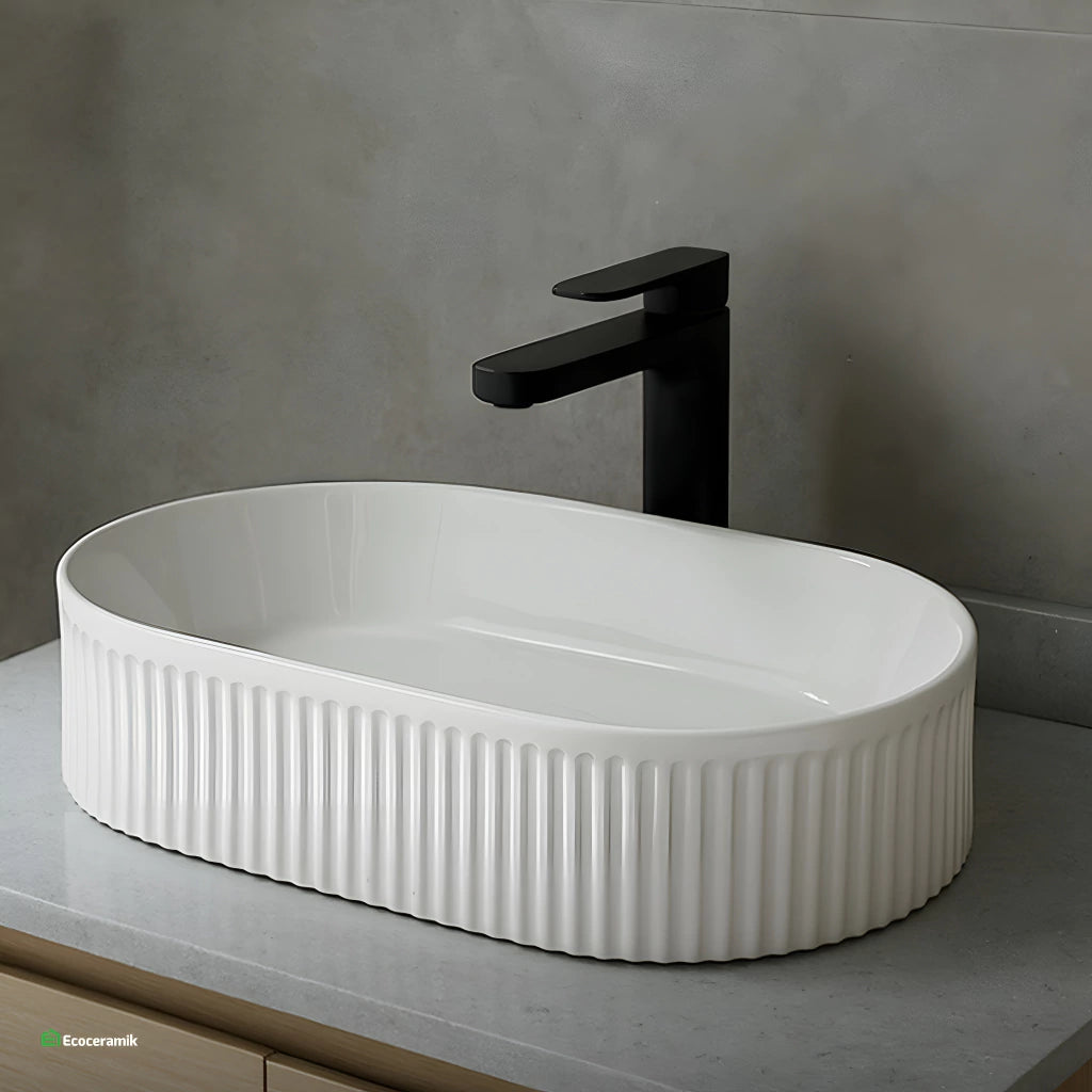 Ovalín de loza vitrificada texturizado (MOD Piscina) c/Blanco 50X32X7.6 - Chenni