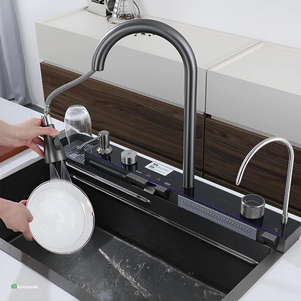 LAVADERO DE COCINA MULTIFUNCIONAL 5 TECLAS NEGRO PANEL LED DE ACERO INOXIDABLE NANO 304 + ABS BASIC