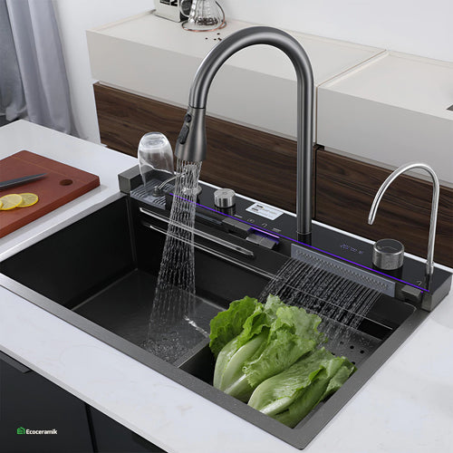 LAVADERO DE COCINA MULTIFUNCIONAL 5 TECLAS NEGRO PANEL LED DE ACERO INOXIDABLE NANO 304 + ABS BASIC