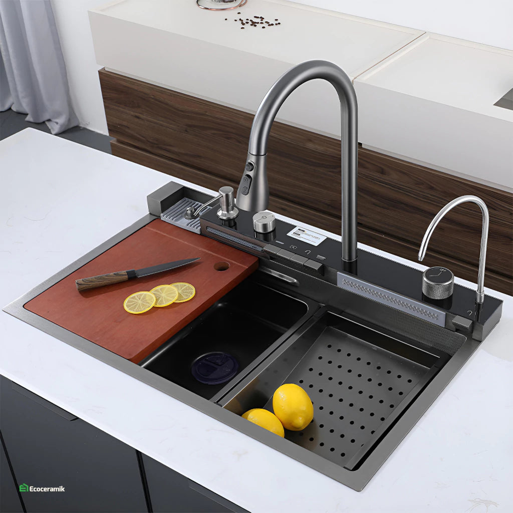 LAVADERO DE COCINA MULTIFUNCIONAL 5 TECLAS NEGRO PANEL LED DE ACERO INOXIDABLE NANO 304 + ABS BASIC