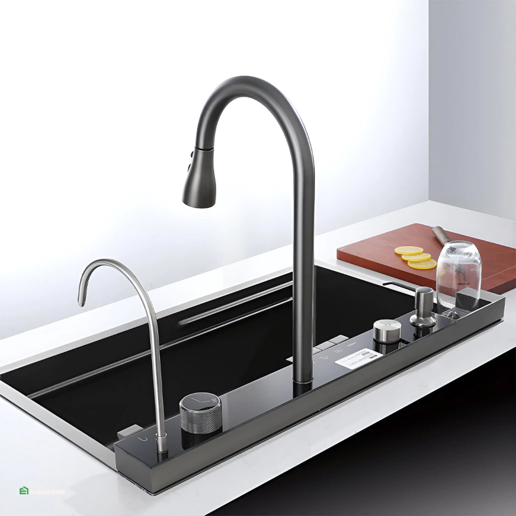 LAVADERO DE COCINA MULTIFUNCIONAL 5 TECLAS NEGRO PANEL LED DE ACERO INOXIDABLE NANO 304 + ABS BASIC