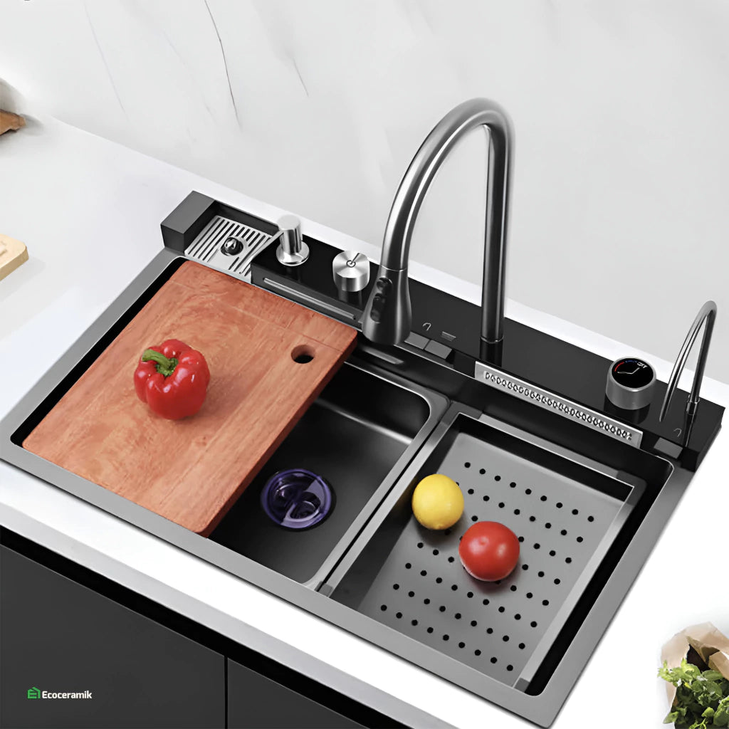 LAVADERO DE COCINA MULTIFUNCIONAL 5 TECLAS NEGRO PANEL LED DE ACERO INOXIDABLE NANO 304 + ABS BASIC