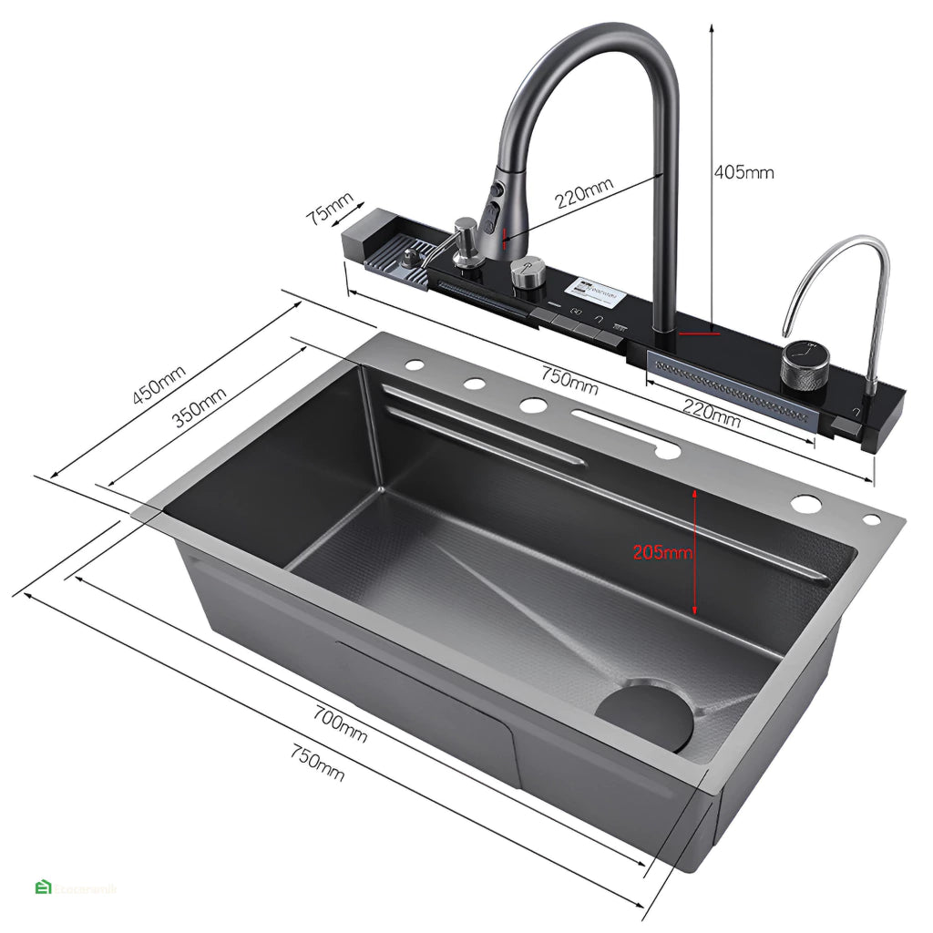 LAVADERO DE COCINA MULTIFUNCIONAL 5 TECLAS NEGRO PANEL LED DE ACERO INOXIDABLE NANO 304 + ABS BASIC
